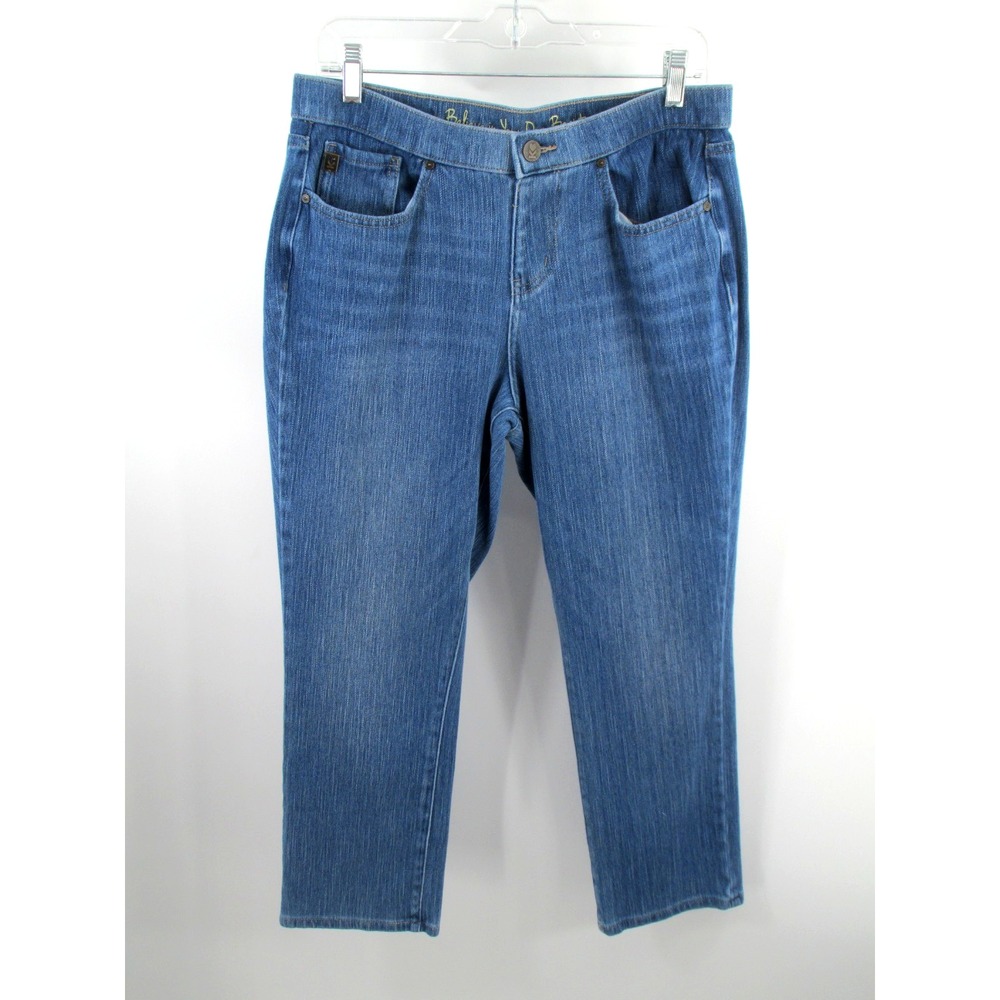 Belle by Kim Gravel Straight Leg Jeans Women 12 Petite Blue Pull-On Stretch